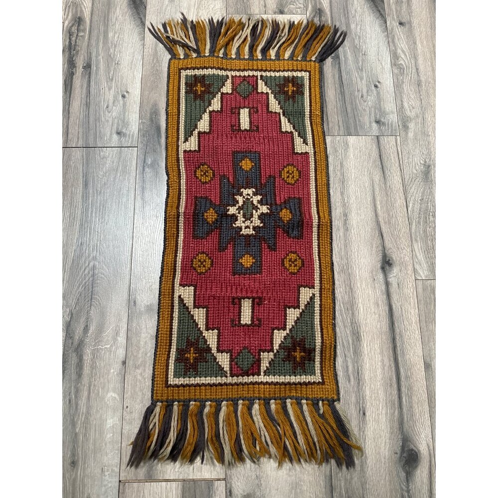 Handwoven Bohemian Runner Rug With Geometric Patterns & Tassels Red Gold Gray